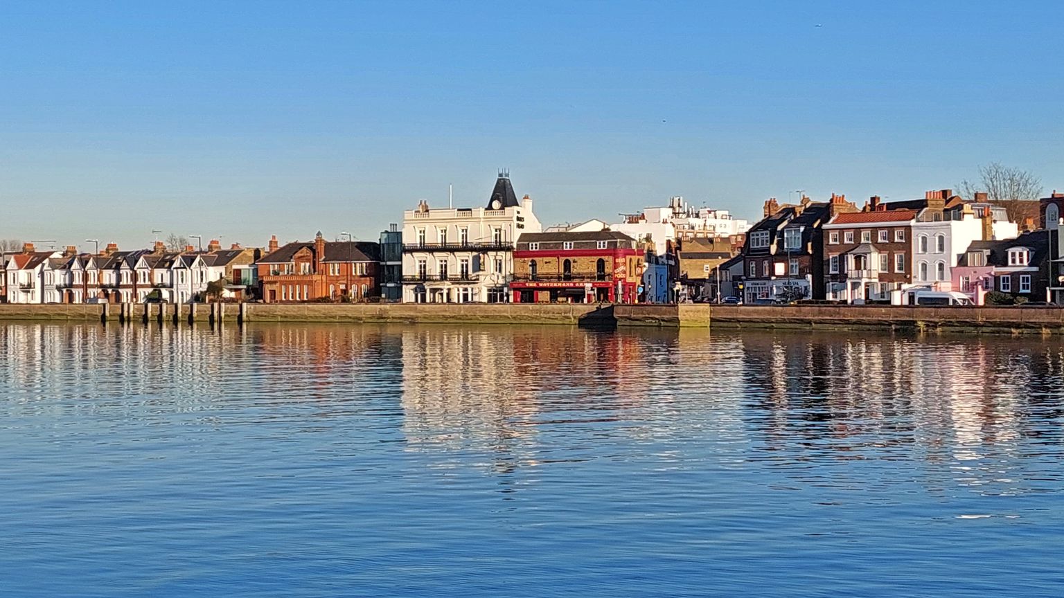 The Terrace and riverside pubs at Barnes, across the Thames