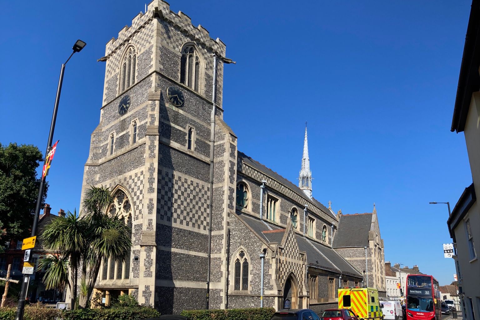 St John the Baptist church on Chipping Barnet High Street, its flint-chequer tower and spire
