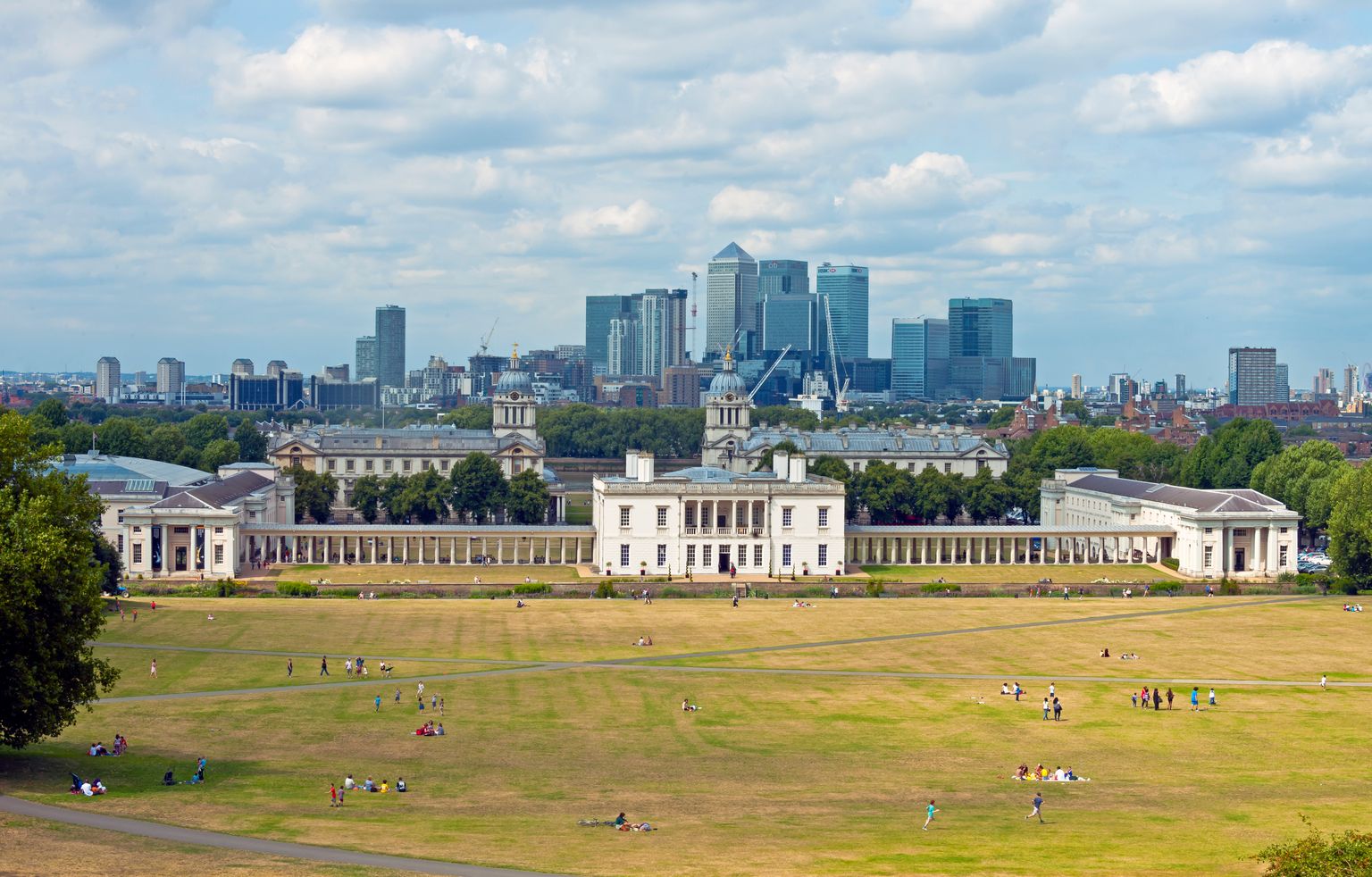 Queen's House, the Old Royal Naval College and Canary Wharf from Greenwich Park