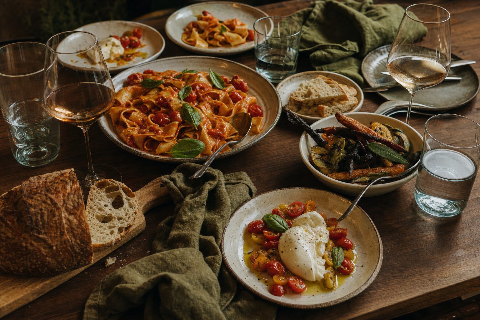 Illustrative spread of pasta, vegetables and sourdough at a restaurant table